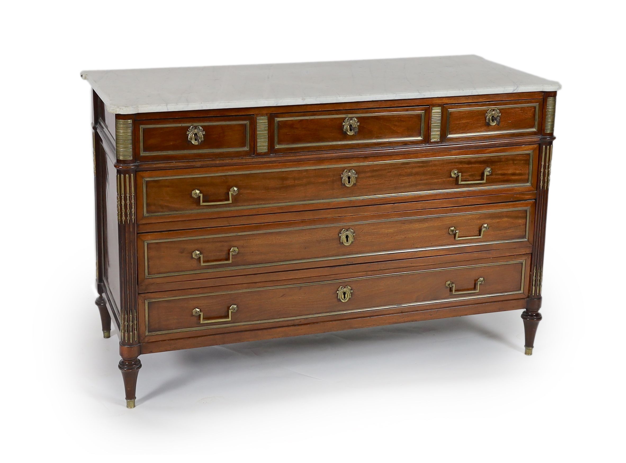 A 1790's French Directoire period brass mounted mahogany commode, W.146cm D.65cm H.95cm